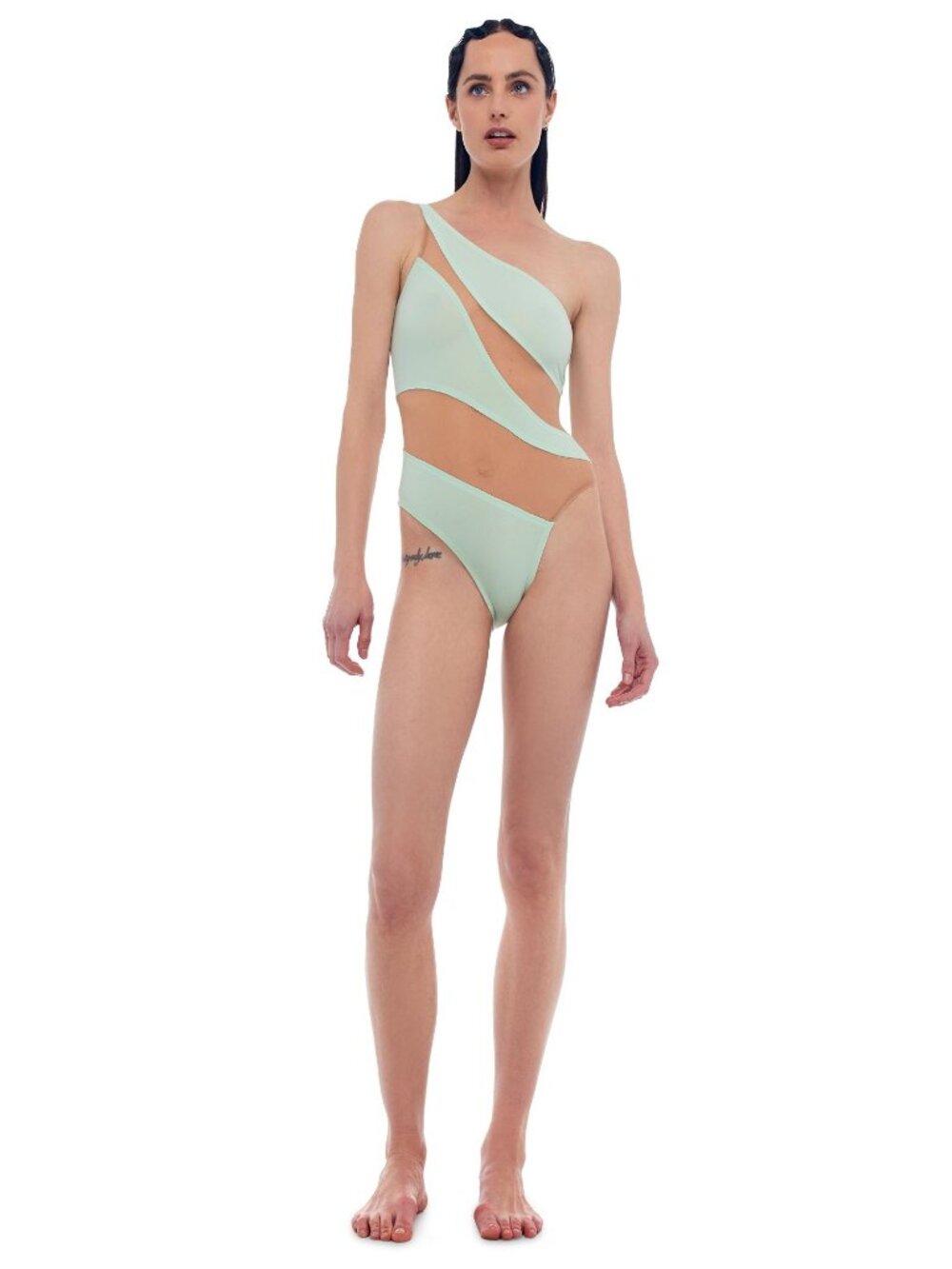 Norma Kamali Snake Mesh Mint Stripe One Piece Swimsuit Size Large NEW NWT